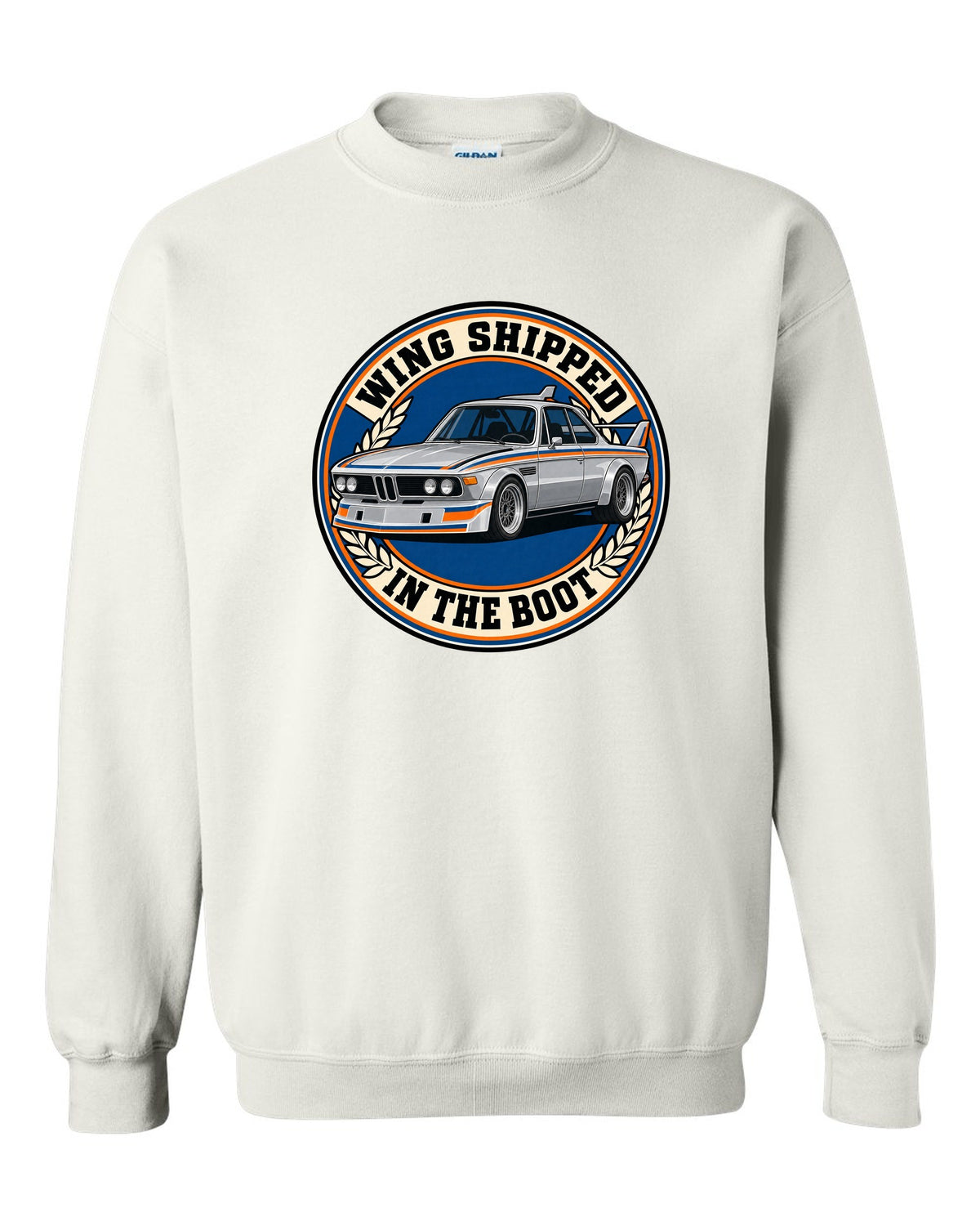 Embroidery-style varsity crest print of a BMW 3.0 CSL E9 with wing in the boot text white crewneck front view with the design