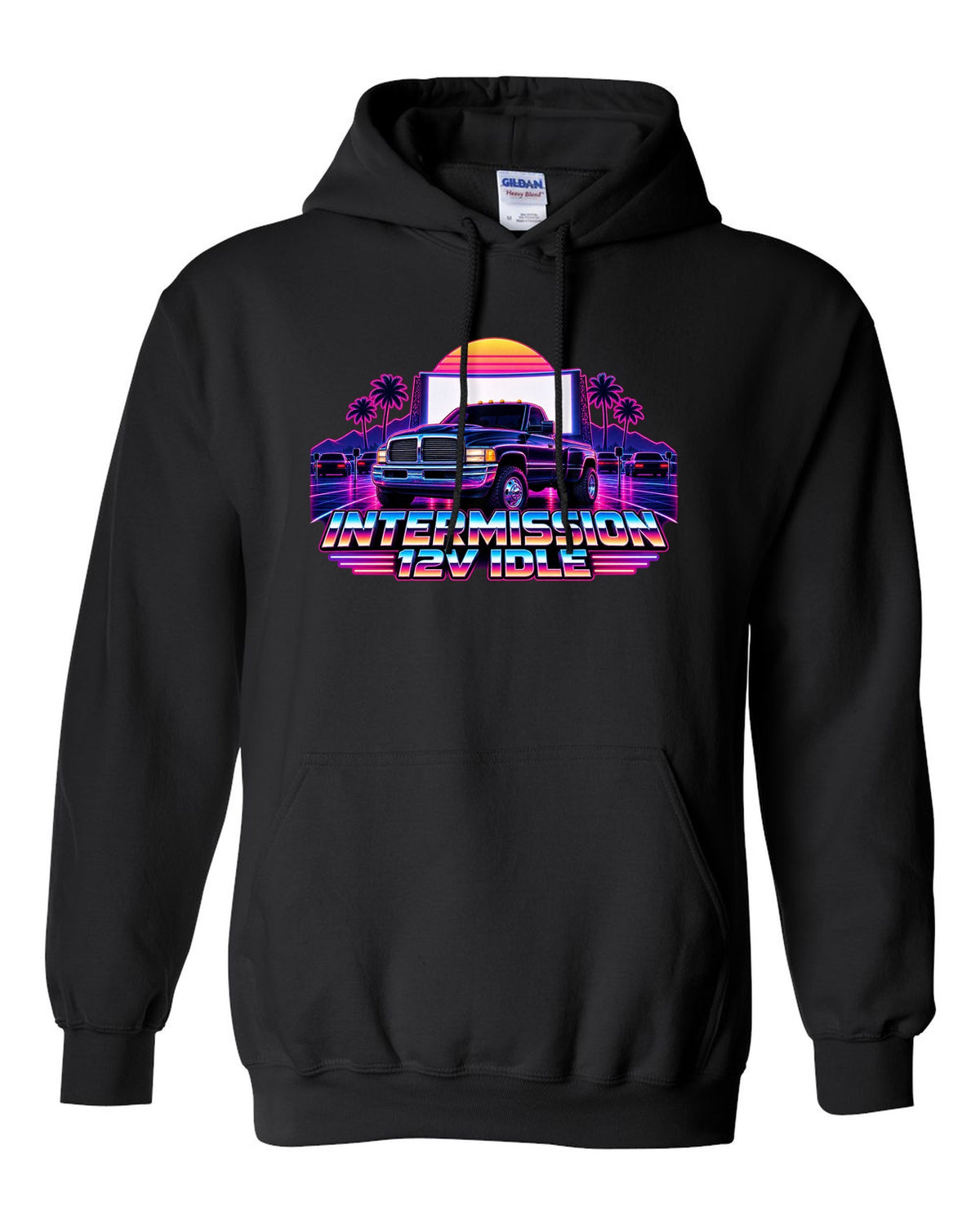 Neon synthwave grid print of a 1994-1998 Dodge Ram 2nd gen 12V with intermission 12V idle text black pull over hoodie front view with the design