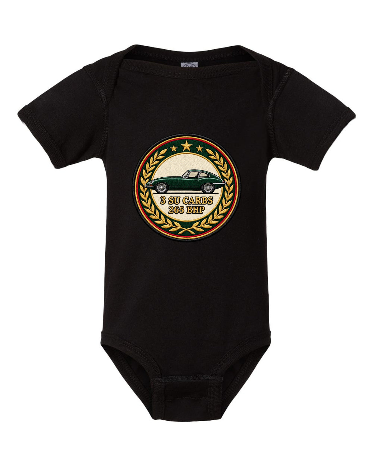 Varsity embroidery-style long bonnet print for the 1961 Jaguar E-Type Series 1 with 3 SU carbs and 265 bhp lettering black baby onesie front view with the design