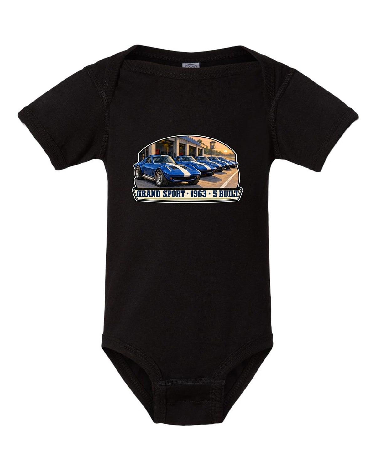 Isometric vector print of a 2014 Chevrolet Corvette C7 Stingray highlighting the fender gill vent black baby onesie front view with the design