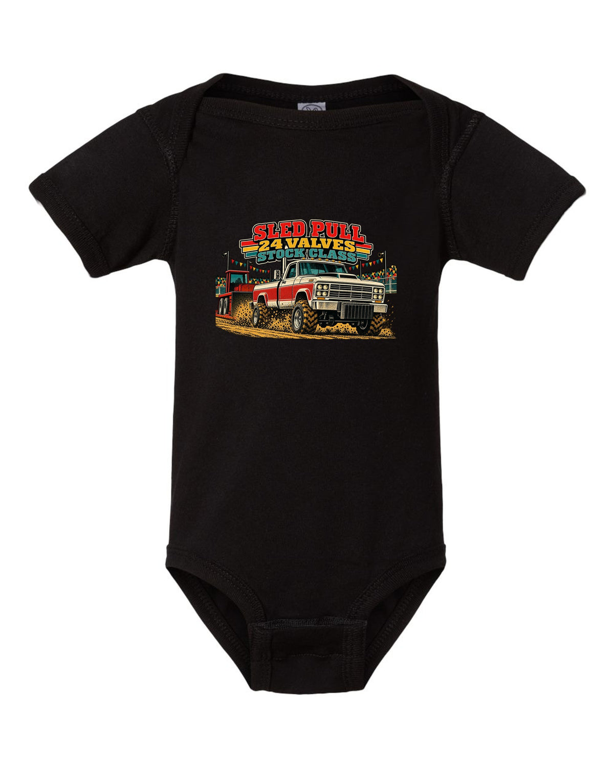 Vintage race poster print of a 1998.5-2002 Ram 2500 24V Cummins for a sled pull black baby onesie front view with the design