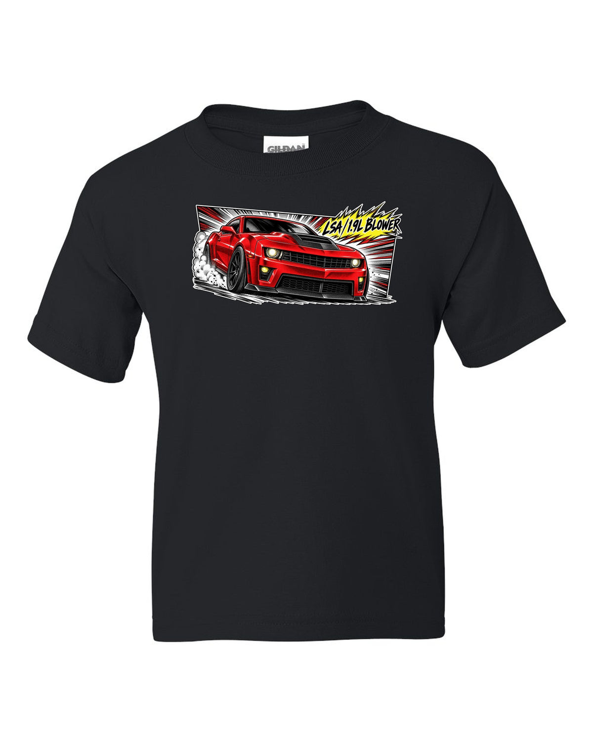Retro manga panel with speed lines and screentone of a 2012 Chevrolet Camaro ZL1 black kids tee front view with the design
