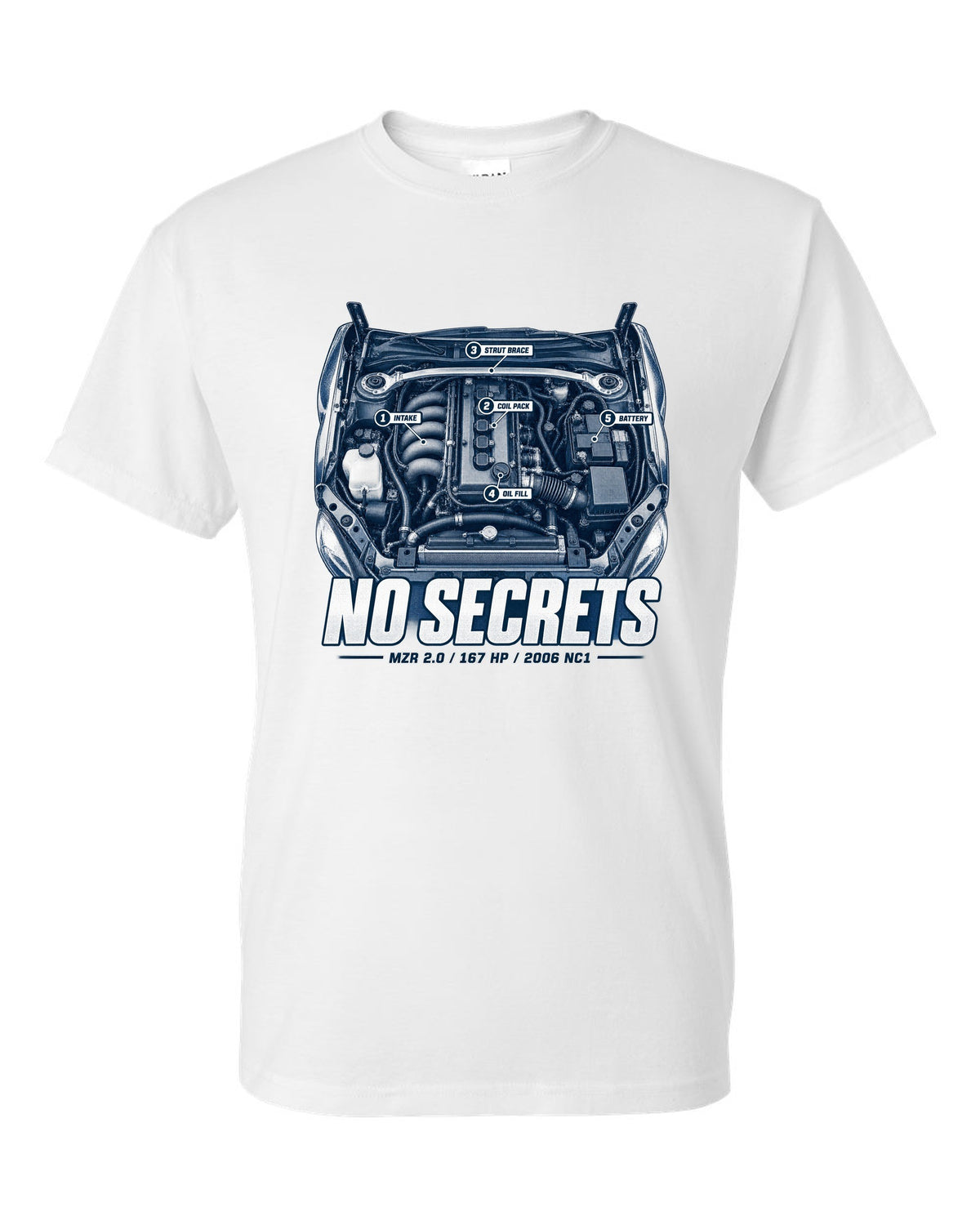 Engine hero print for the 2006 Mazda MX-5 NC1 with MZR 2.0 and 167 HP lettering white t-shirt front view with the design
