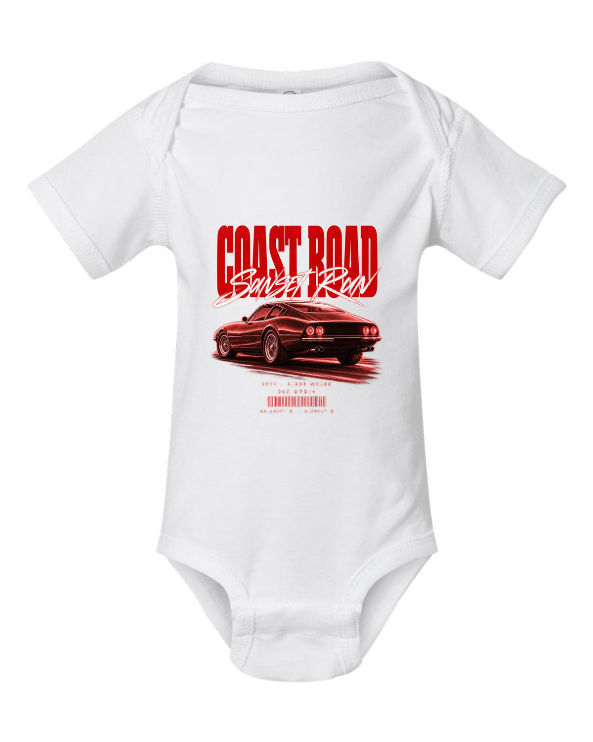 Street poster print of a Ferrari 365 GTB/4 Daytona with Coast Road, Sunset Run, 1971, 2,800 miles white baby onesie front view with the design