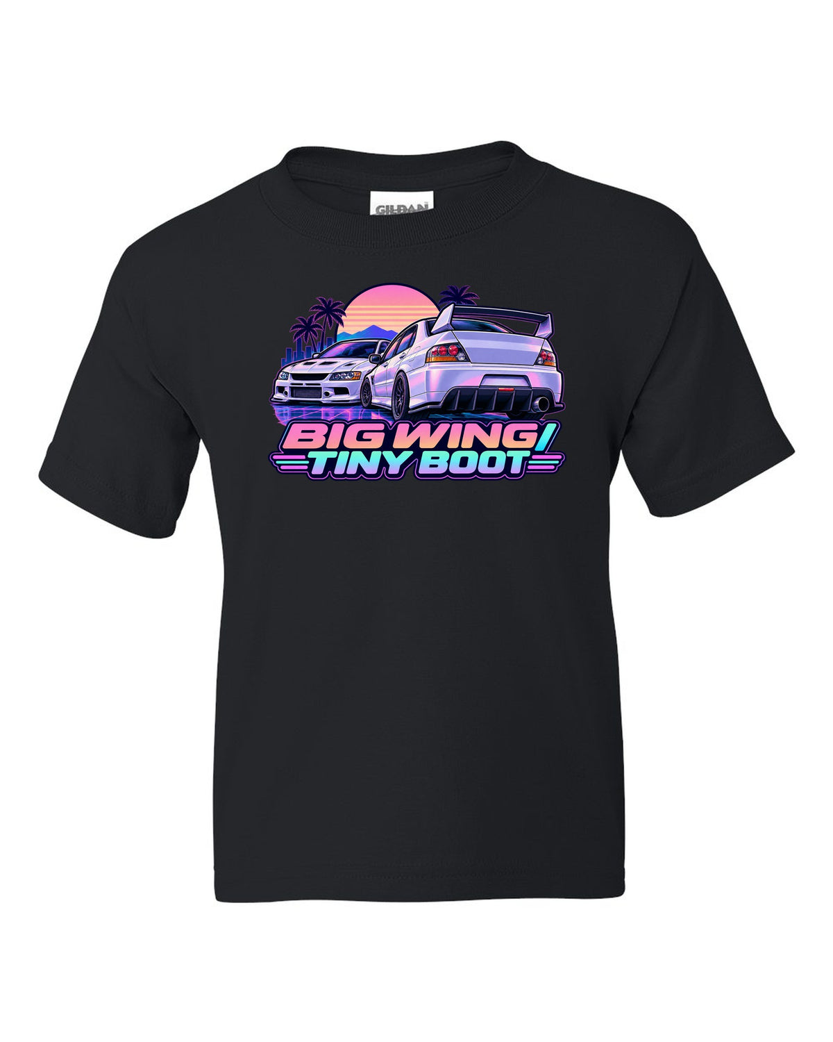 Vaporwave pastel print of the Mitsubishi Evo IX CT9A with big wing tiny boot text black kids tee front view with the design