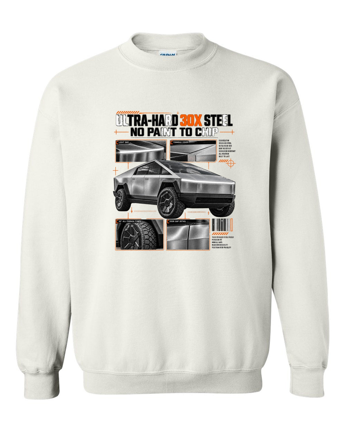 Tesla Cybertruck 2023 dossier panel graphic with ultra-hard 30X steel and no paint to chip white crewneck front view with the design