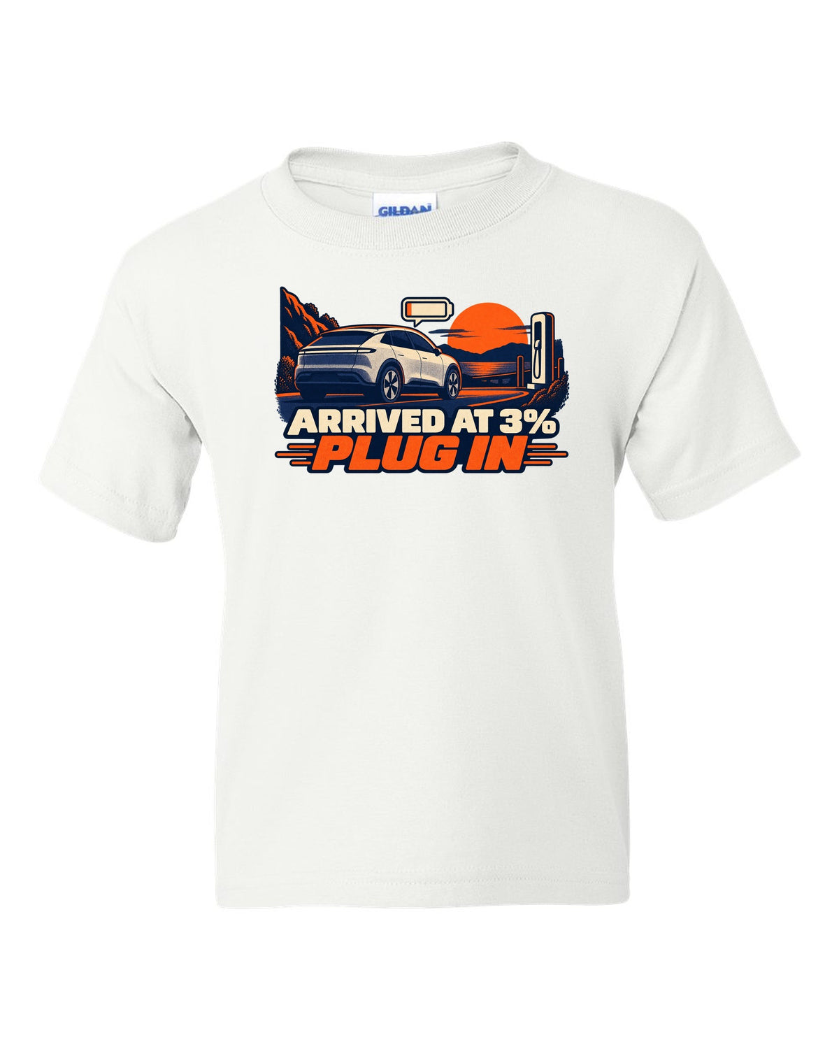 Risograph duotone print of a Tesla Model Y Juniper reading Arrived at 3% Plug In white kids tee front view with the design