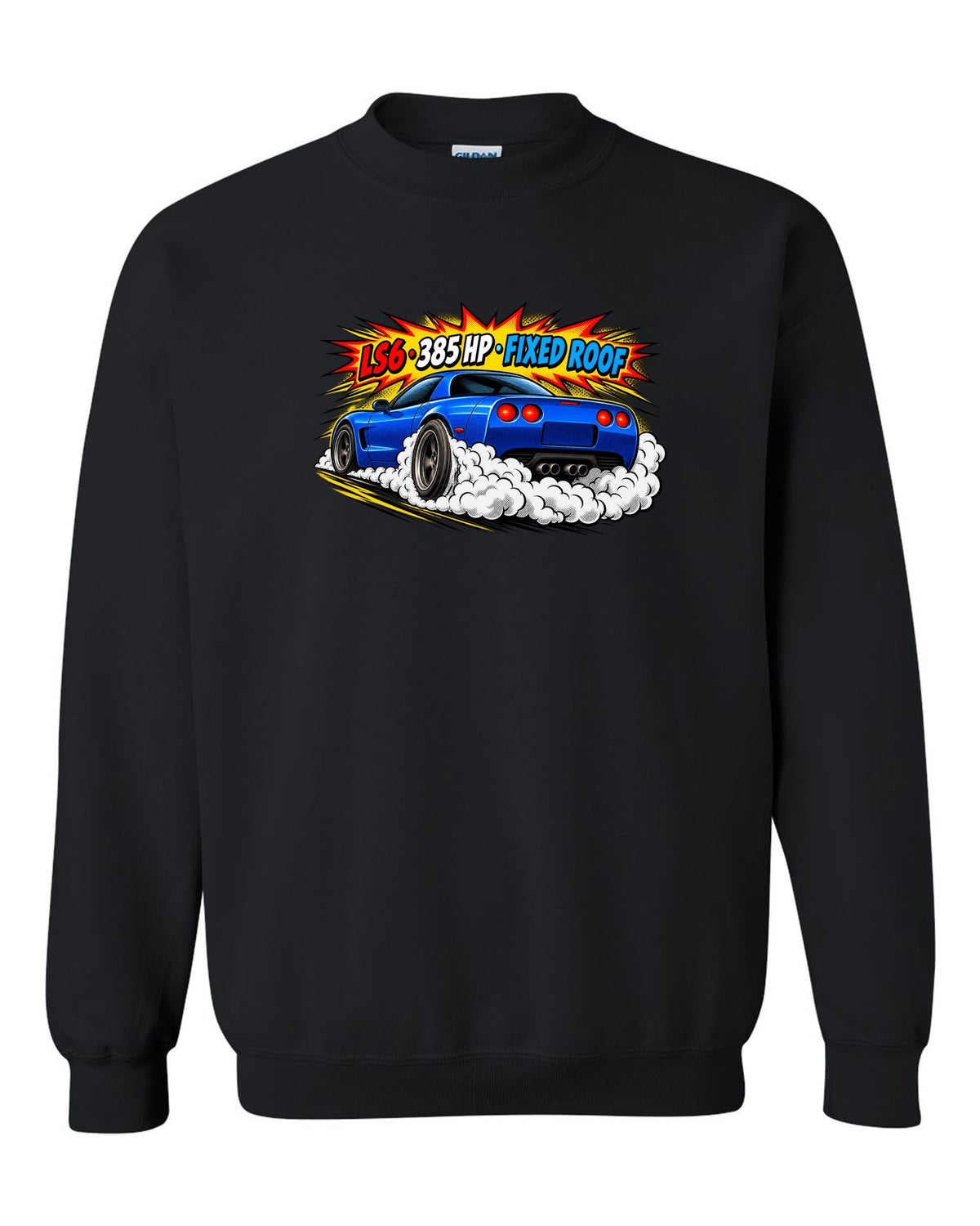 Comic halftone pop-art print of a 2001 Chevrolet Corvette C5 Z06 with LS6 385 HP Fixed Roof text black crewneck front view with the design