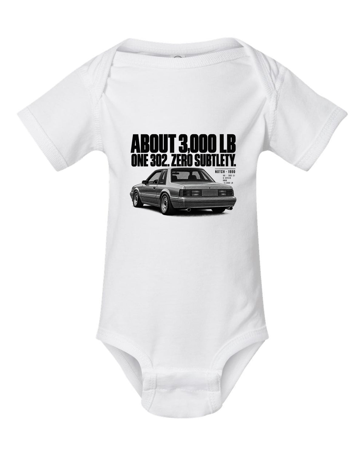 Halftone print of a 1990 Ford Mustang Fox Body LX notchback with spec lines white baby onesie front view with the design