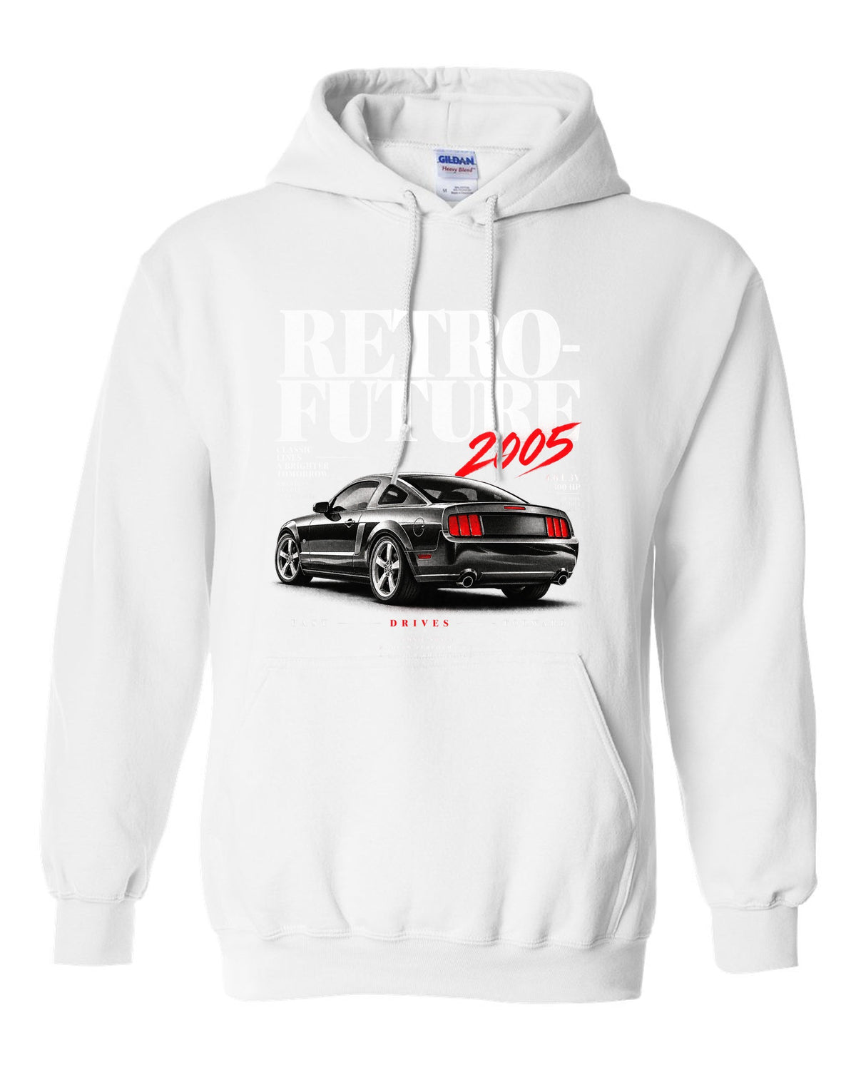 Editorial headline print of a 2005-09 Ford Mustang S197 GT white pull over hoodie front view with the design