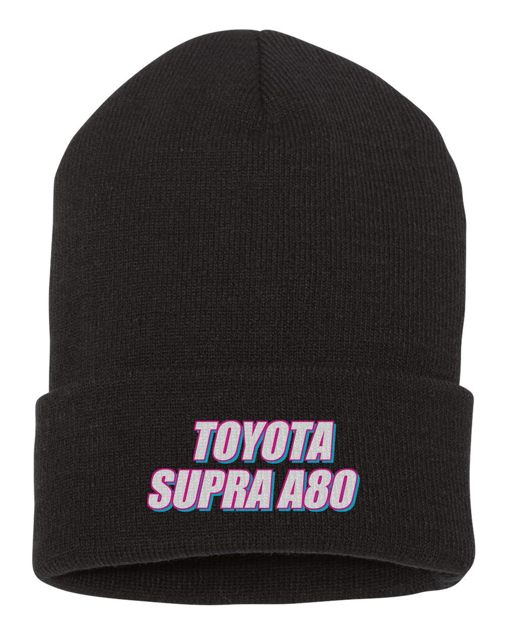 Toyota Supra A80 black beanie front view with car name