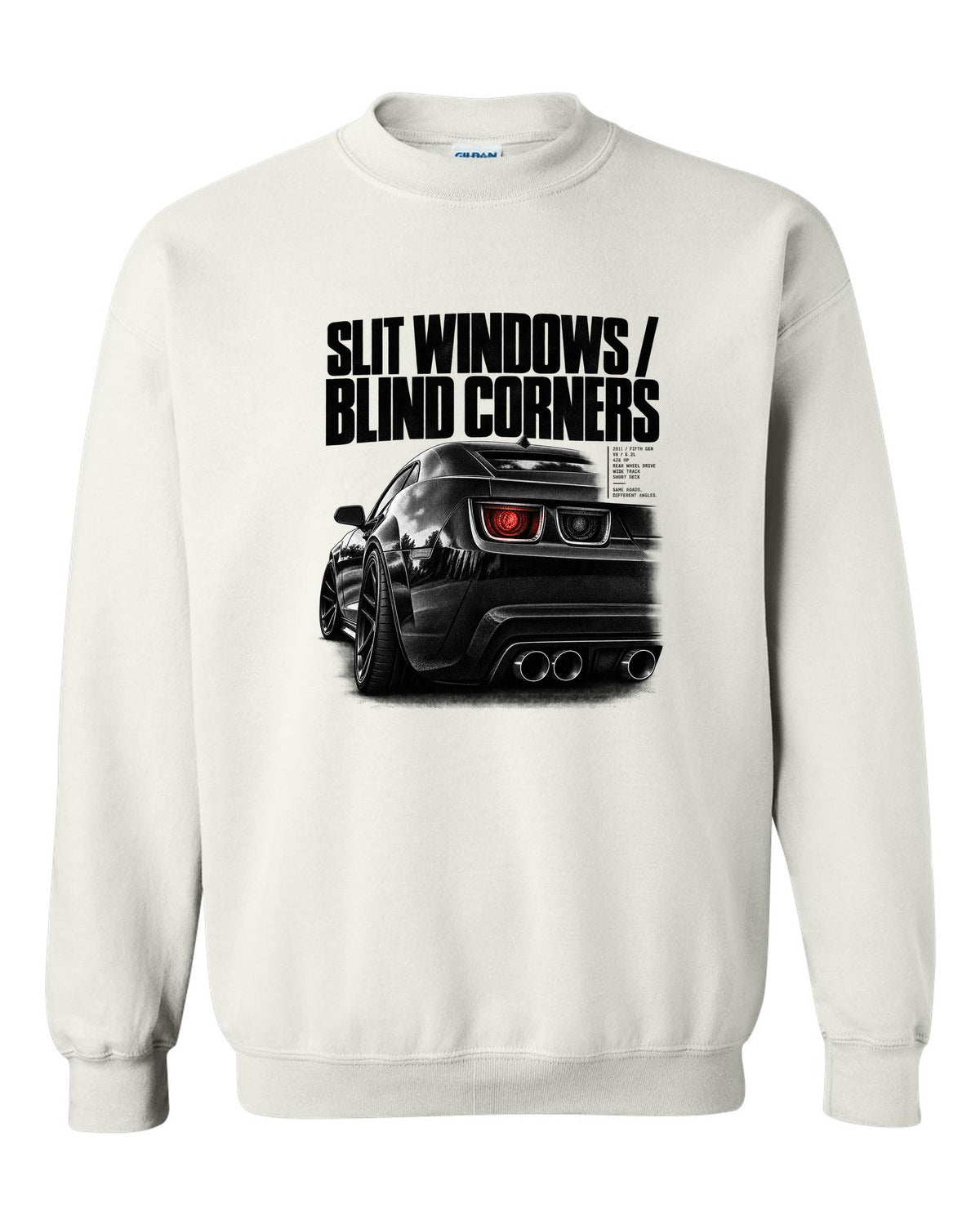 Rear three-quarter taillight print of a 2011 Chevrolet Camaro SS with slit windows text white crewneck front view with the design