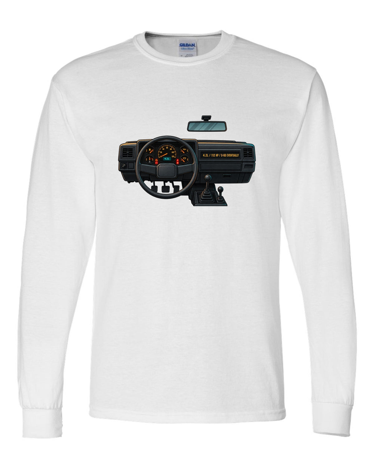 Gauge-cluster HUD print of a Jeep Wrangler YJ with 4.2L and 112 HP text white long sleeve front view with the design