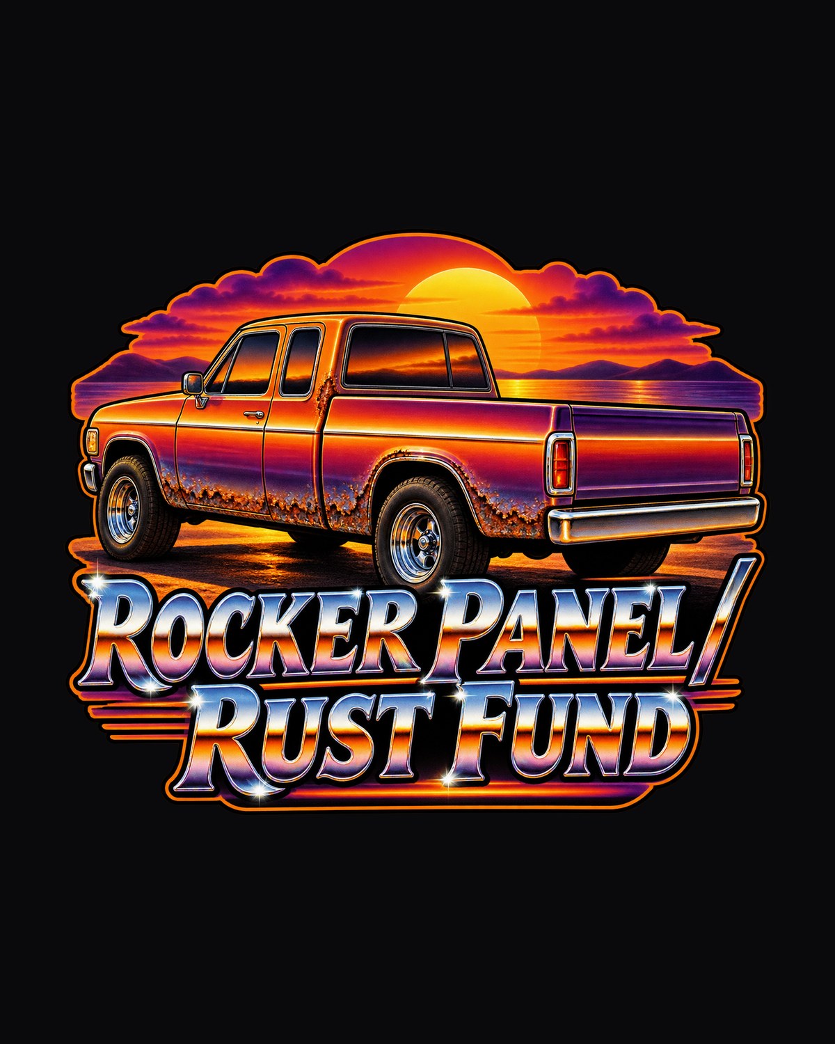 Silverado NBS GMT800 70s Airbrush Sunset Tee, Rust Fund design only