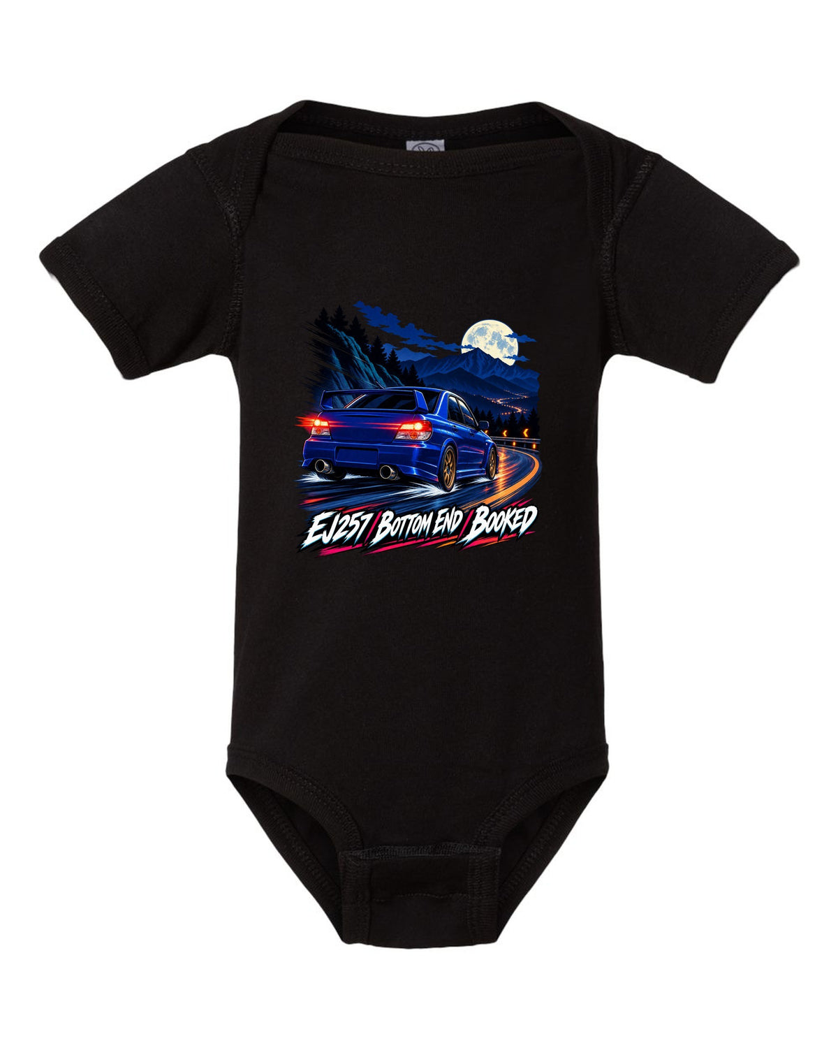 Racing-stripe livery print of a Subaru Impreza WRX GDB Blobeye black baby onesie front view with the design