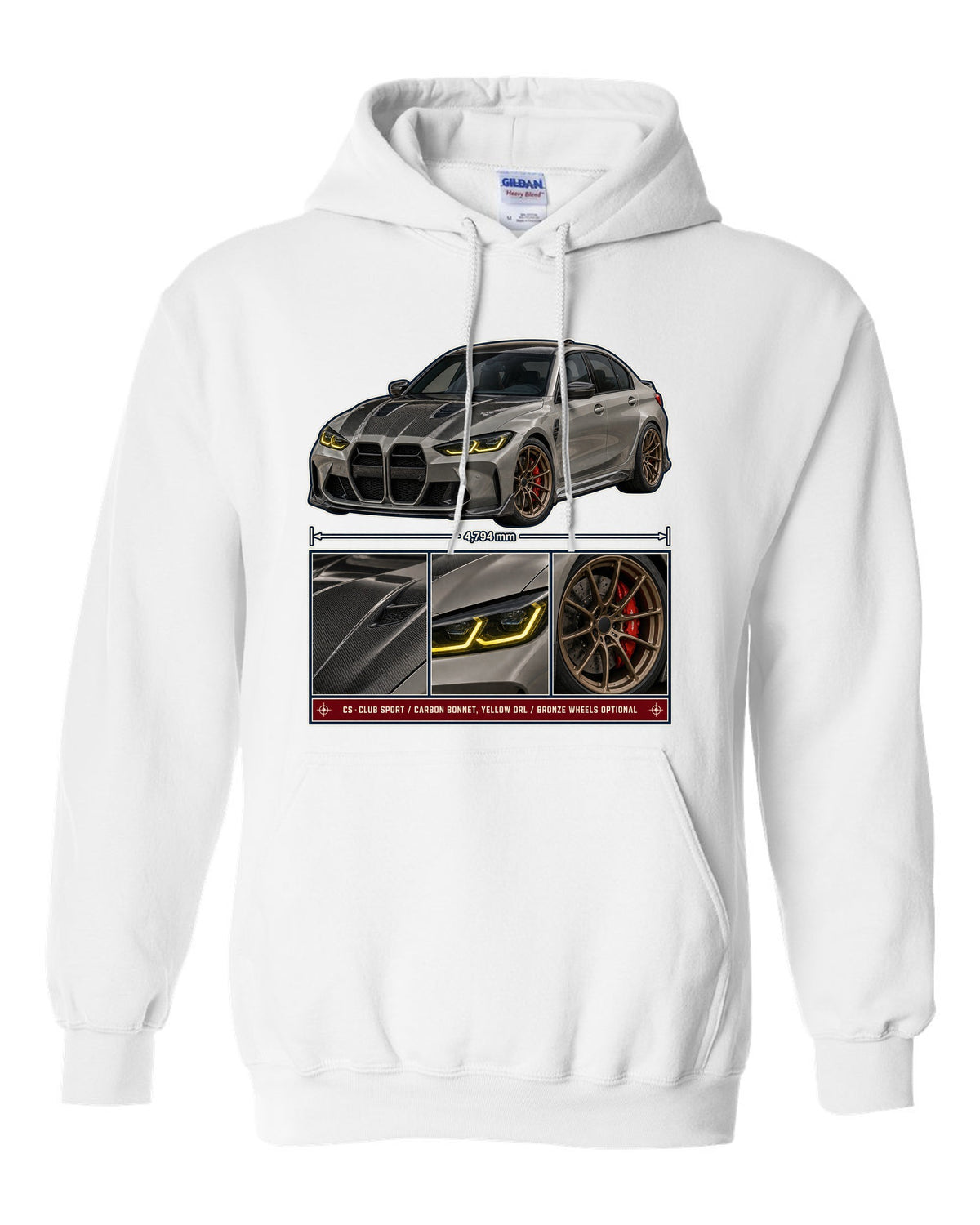 BMW M3 CS G80 dossier panels print design white pull over hoodie front view with the design