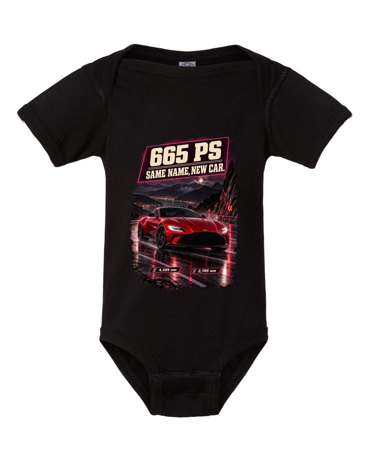 Aston Martin Vantage 2024 touge night street print with 665 PS text black baby onesie front view with the design