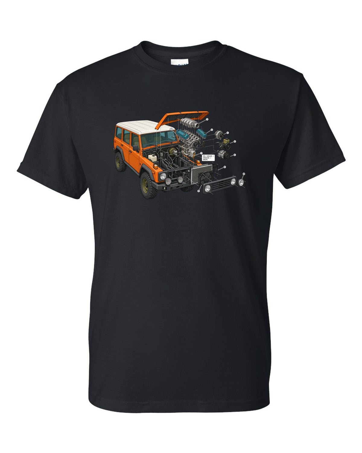 Jeep Wrangler JK V6 exploded engine bay diagram with oil cooler housing drips labels black t-shirt front view with the design