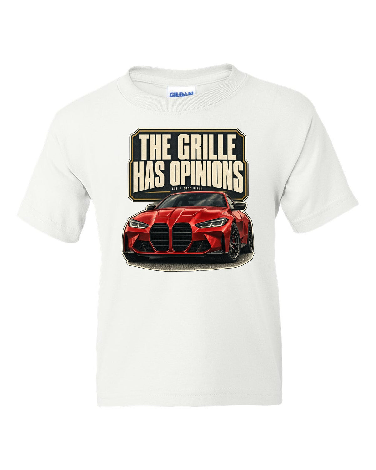 BMW M4 Competition G82 editorial headline print about the grille white kids tee front view with the design