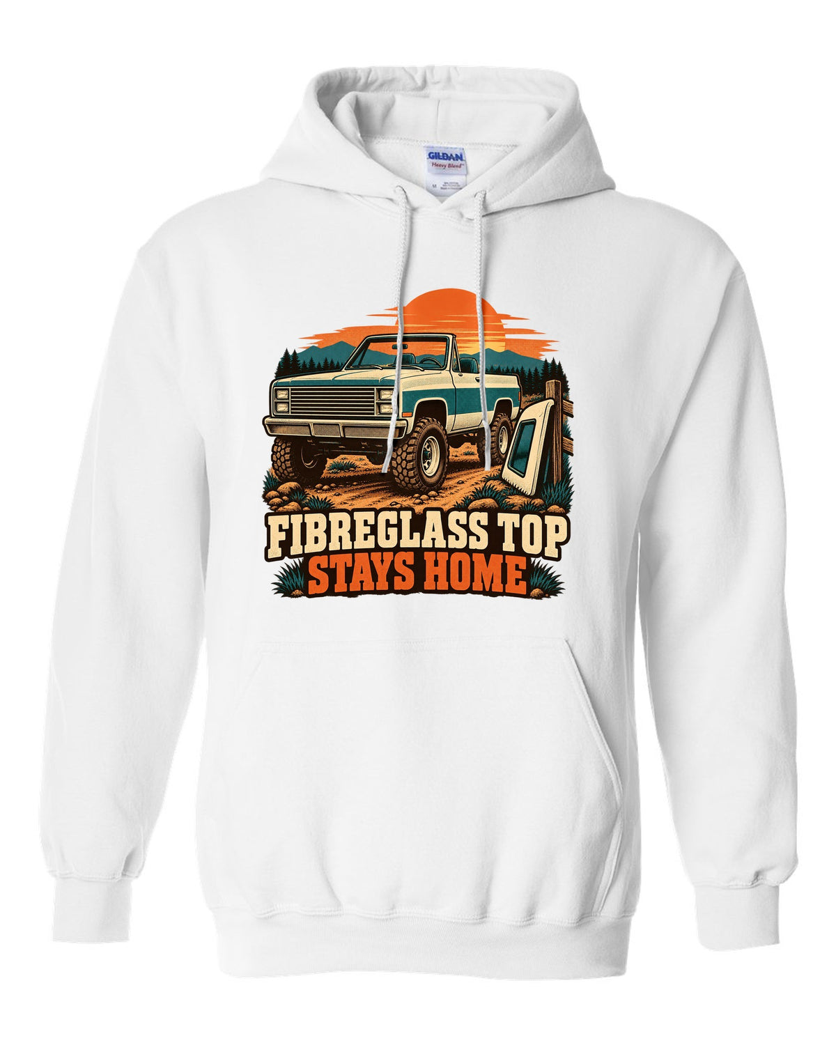 Retro two-colour print of a 1973-91 Chevrolet K5 Blazer with the top removed and FIBREGLASS TOP STAYS HOME text white pull over hoodie front view with the design