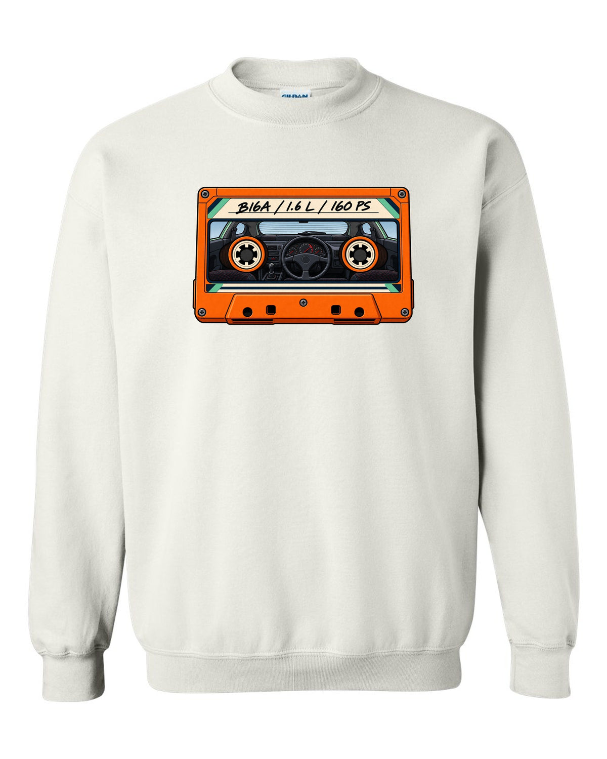 Lo-fi cassette label style print for a Honda Civic EG6 SiR with B16A 1.6 L 160 PS text white crewneck front view with the design