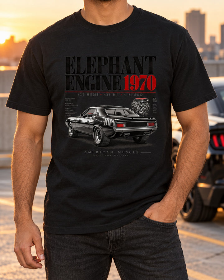 1970 Plymouth Hemi Cuda E-body Elephant Engine Editorial Tee T-Shirt Black worn hero