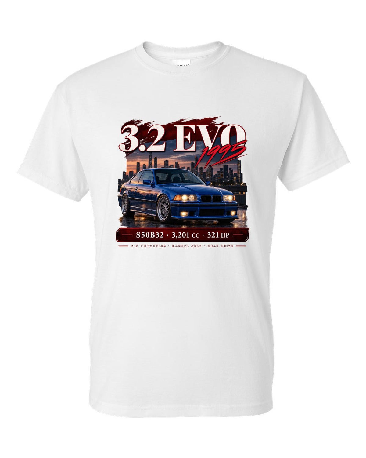BMW E36 M3 3.2 Evo coupe archive panel print with S50B32 and 321 HP text white t-shirt front view with the design