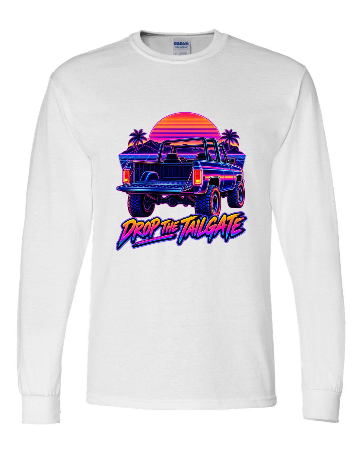 Neon synthwave line art of a 1973-1991 Chevrolet K5 Blazer tailgate with DROP THE TAILGATE text white long sleeve front view with the design