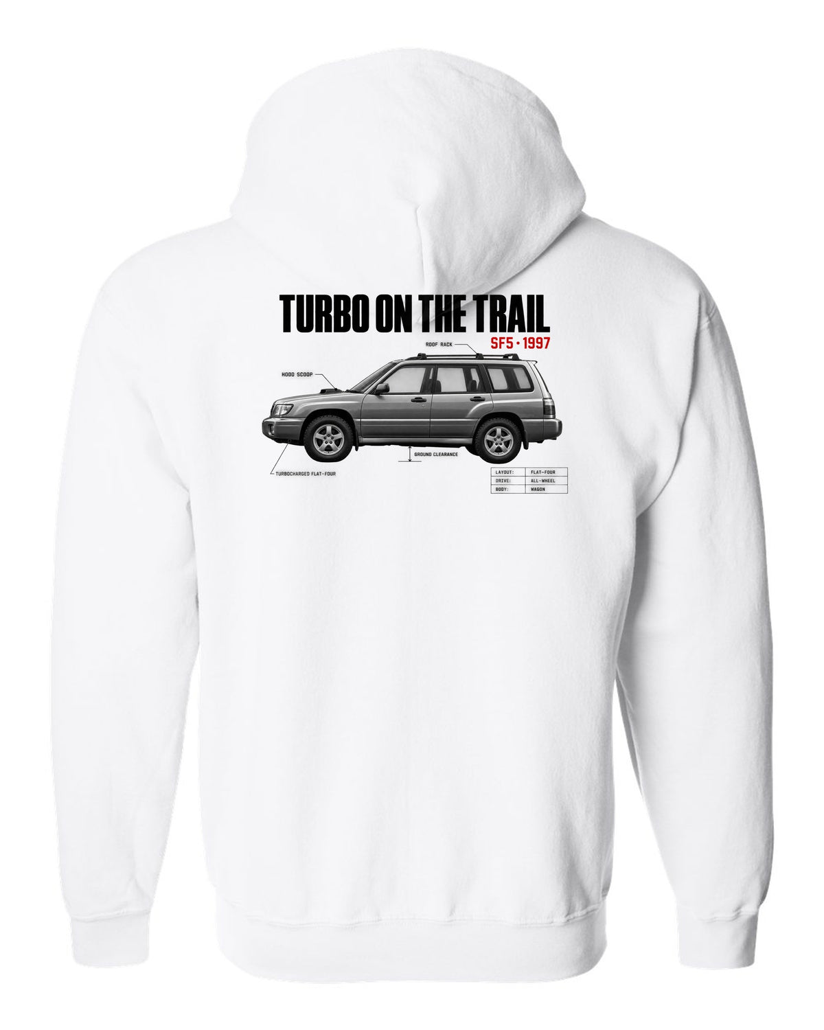 Spec poster print for the Subaru Forester SF5 reading Turbo on the Trail with hood scoop and roof rack details white zip hoodie back view with the design
