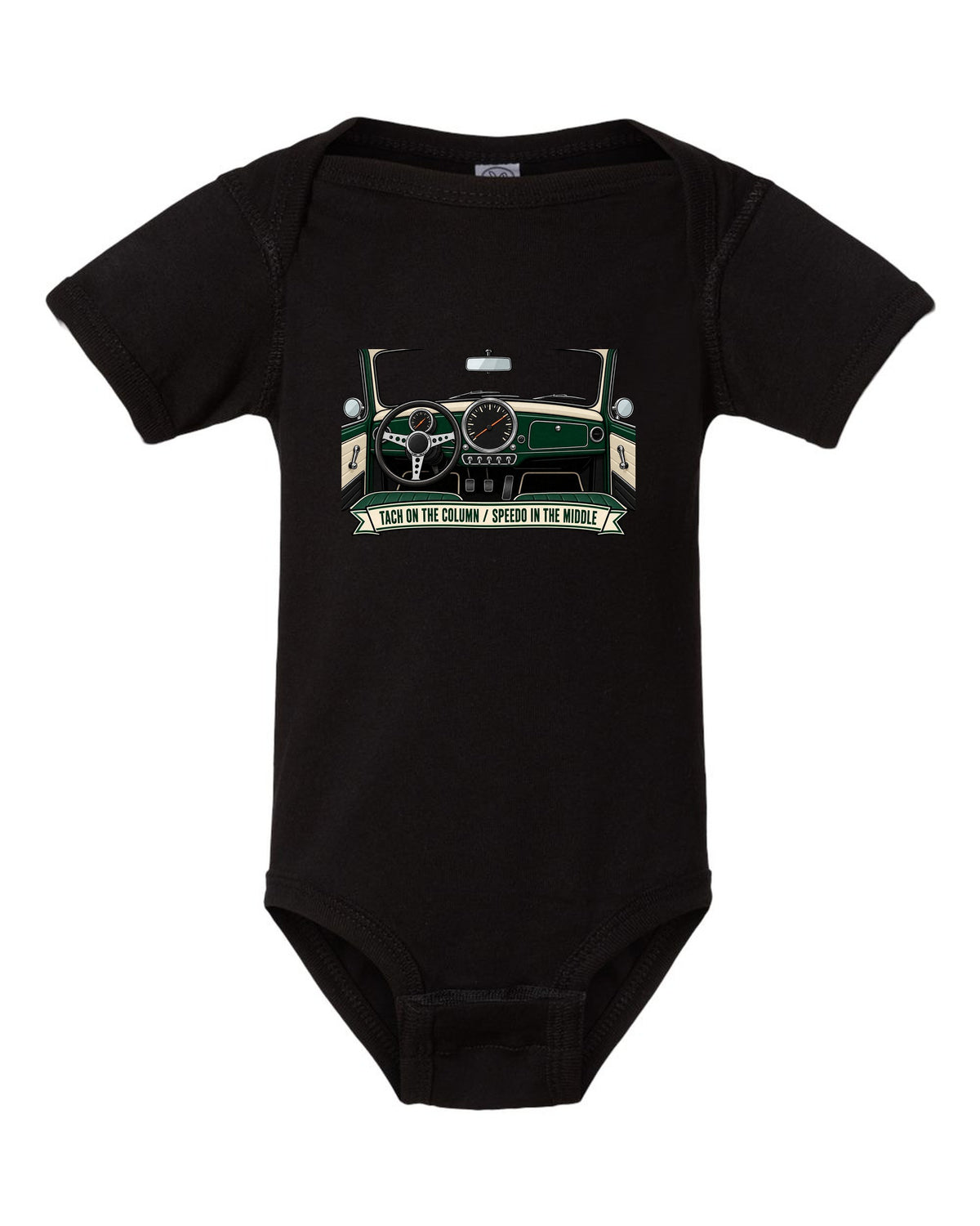 Line art of the Mini Cooper S R53 gauge cluster with column tach and central speedometer black baby onesie front view with the design