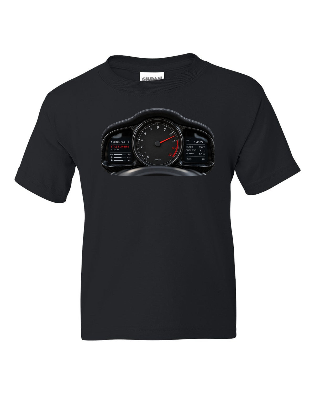 Cockpit gauge print of a 2022 Porsche 911 GT3 RS 992 tachometer past 8 black kids tee front view with the design
