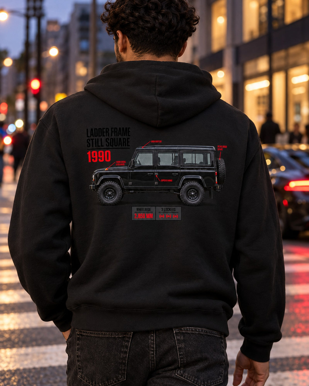 Mercedes G-Class W463 Spec Poster Shirt, Ladder Frame Tee Zip Hoodie Black worn hero