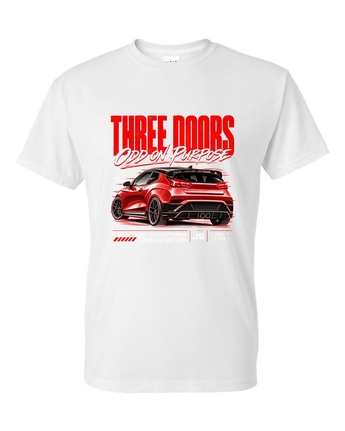 Hyundai Veloster N JS street poster with three doors odd on purpose text white t-shirt front view with the design