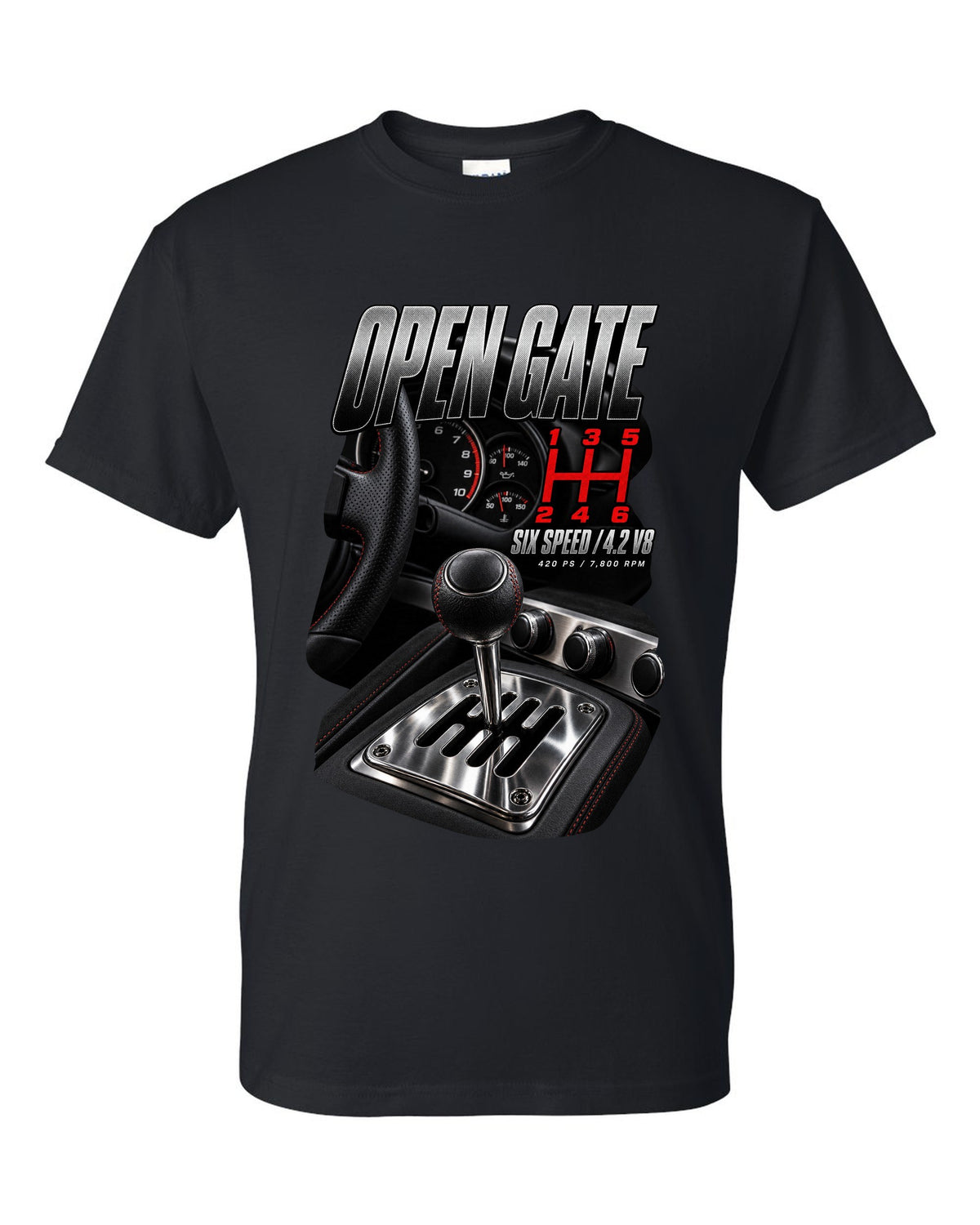 Audi R8 Type 42 V8 open gate six-speed shifter macro design black t-shirt front view with the design