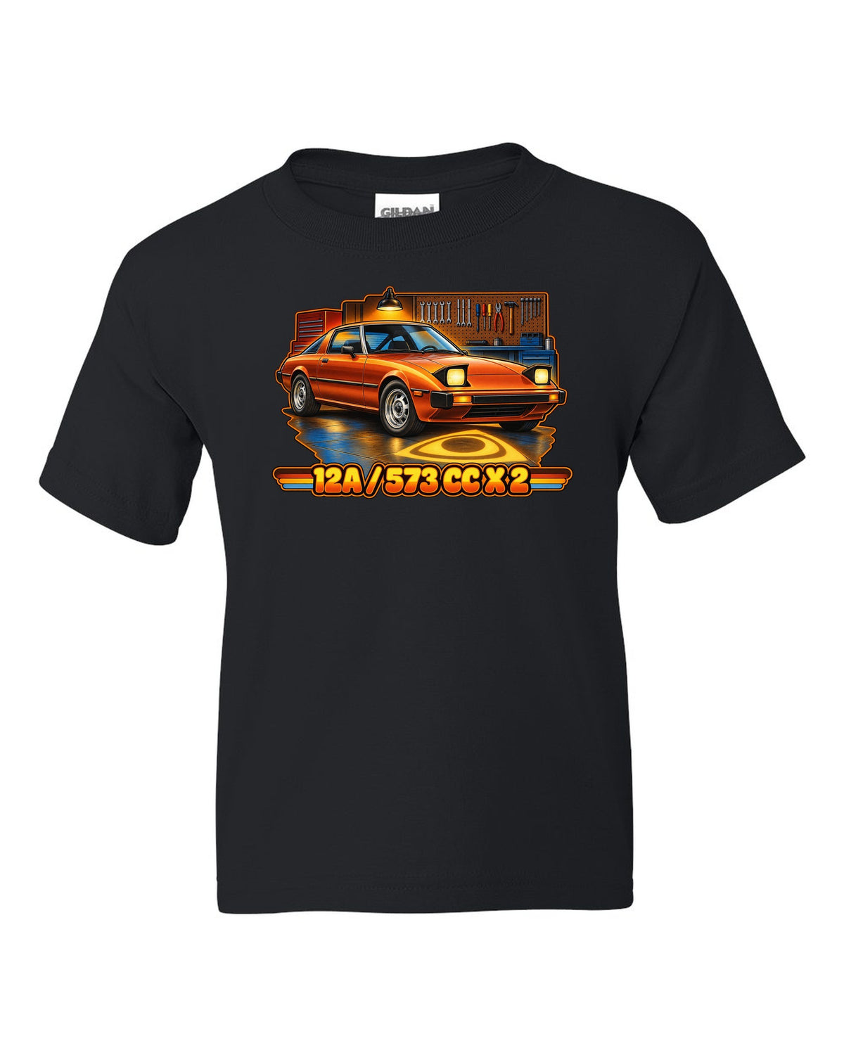 Seventies airbrush poster print of a Mazda RX-7 SA22C with the text 12A, 573 cc x 2 black kids tee front view with the design