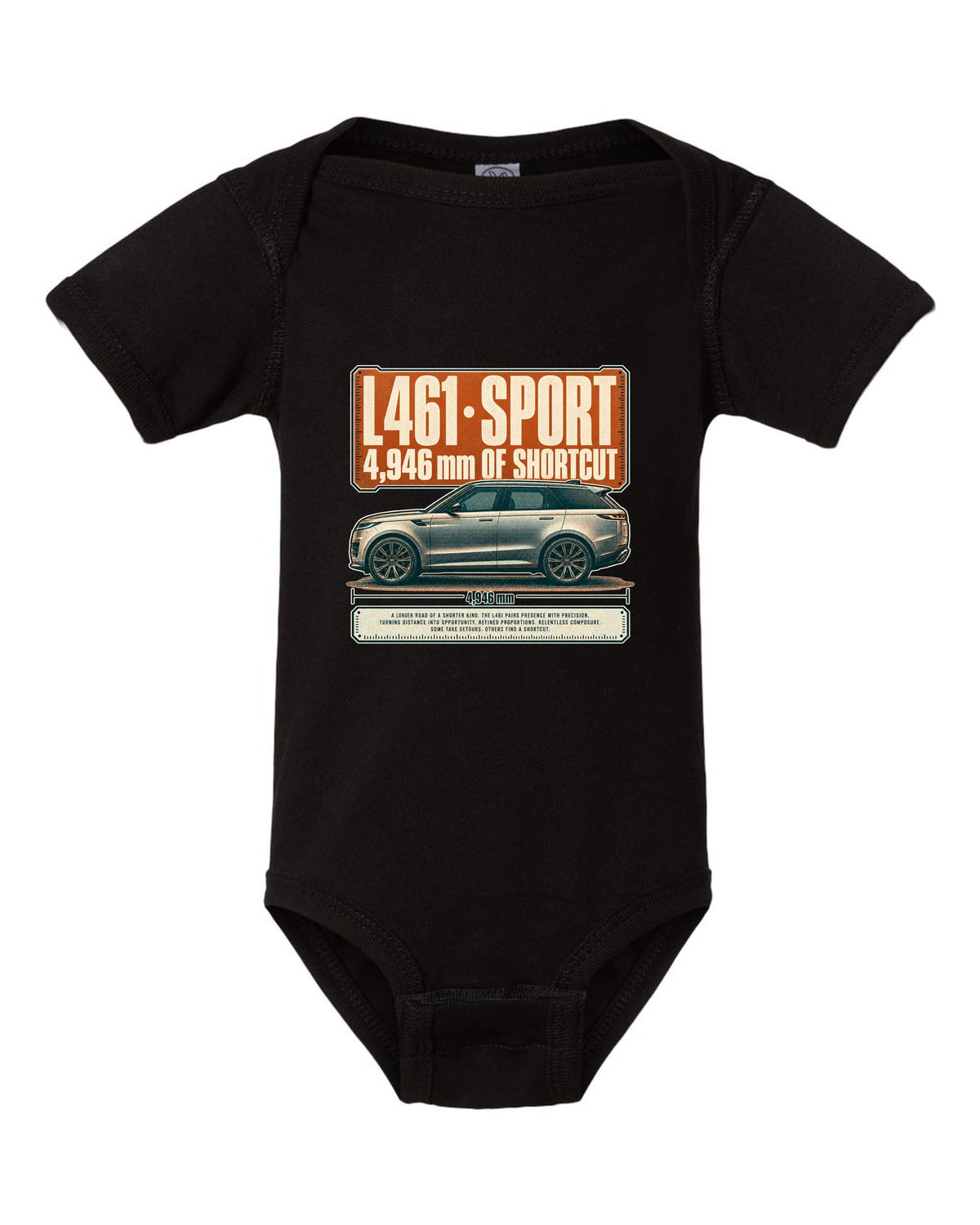 Halftone statement print of the Range Rover Sport L461 with length lettering black baby onesie front view with the design