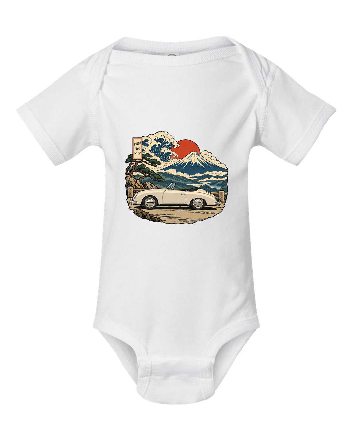 Ukiyo-e woodblock style Porsche 356 Pre-A Speedster on a mountain pass white baby onesie front view with the design