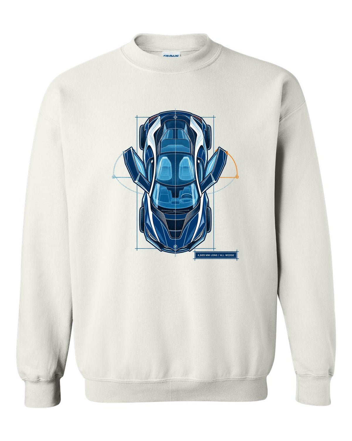 BMW i8 I12 cyanotype blueprint plan view print with 4,689 mm long text white crewneck front view with the design