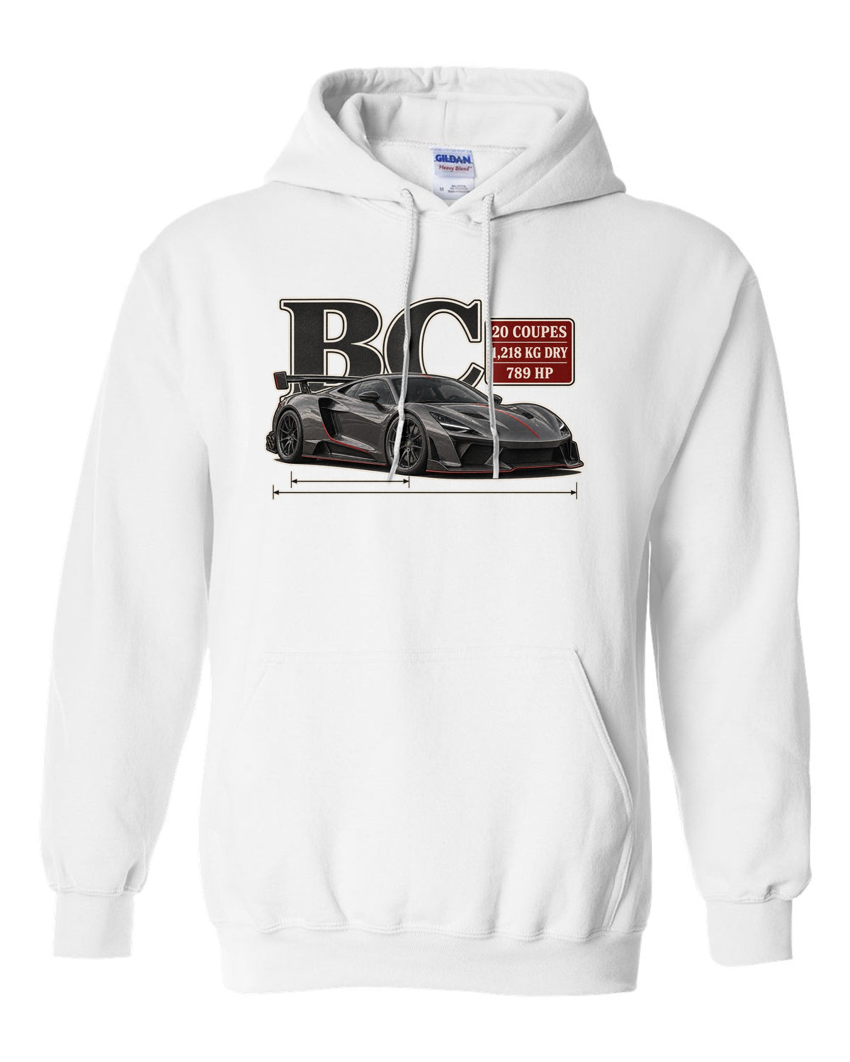 Archive panel print of the Pagani Huayra BC with the text BC, 20 coupes, 1,218 kg dry, 789 hp white pull over hoodie front view with the design