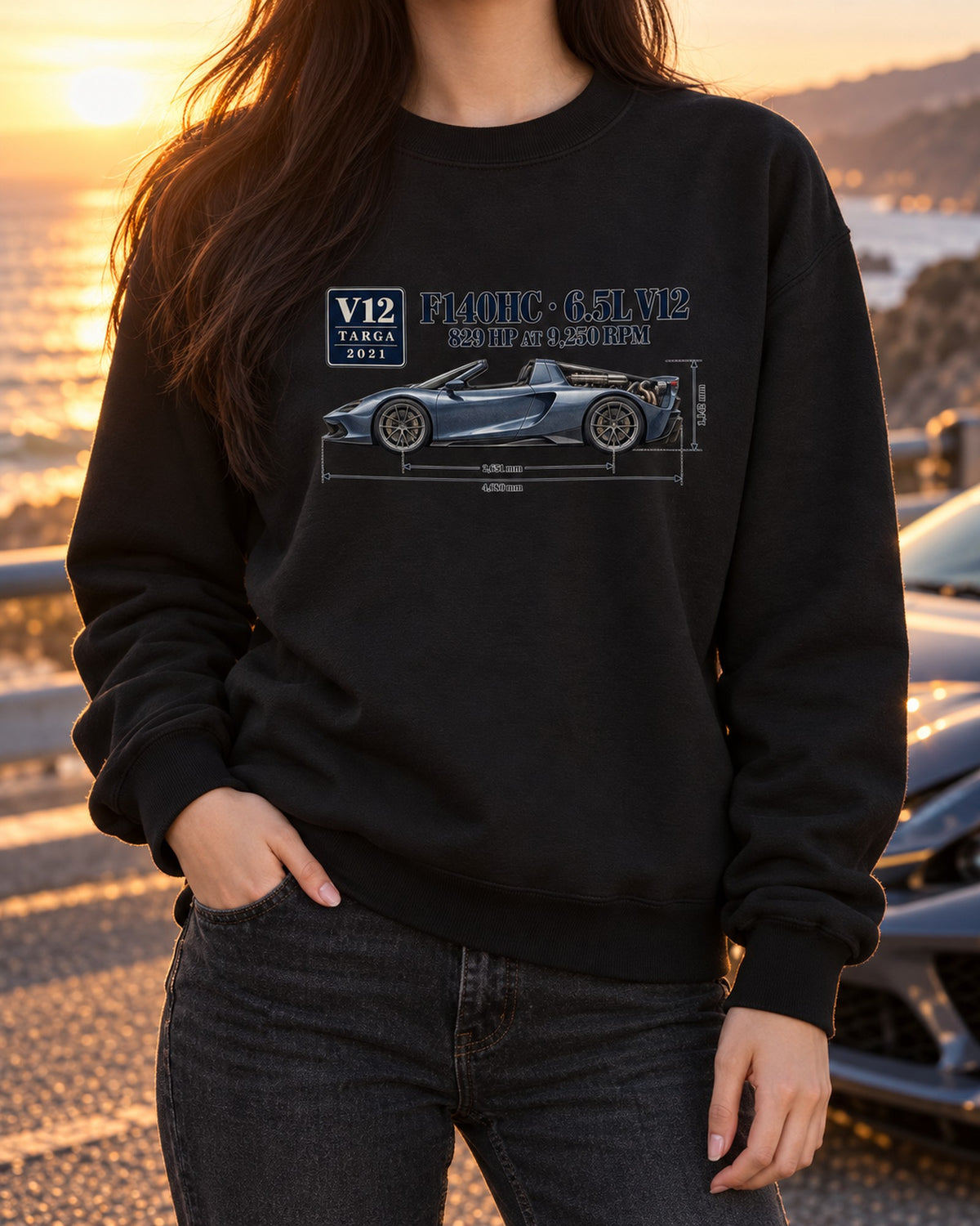 Ferrari Daytona SP3 F140HC Dimension Blueprint Shirt Crewneck Black worn hero