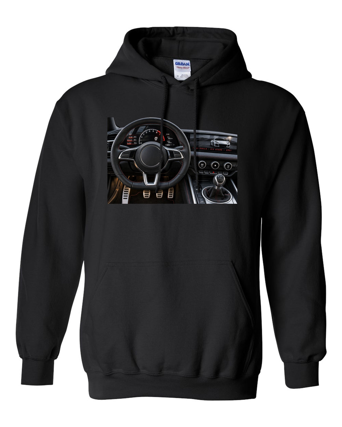 BMW G80 M3 cockpit gauge print with three pedals six gears lettering black pull over hoodie front view with the design