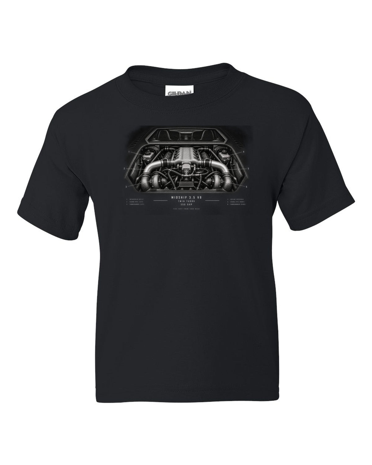 Engine hero print of a 1996 Lotus Esprit V8 with twin-turbo midship 3.5 V8 text black kids tee front view with the design