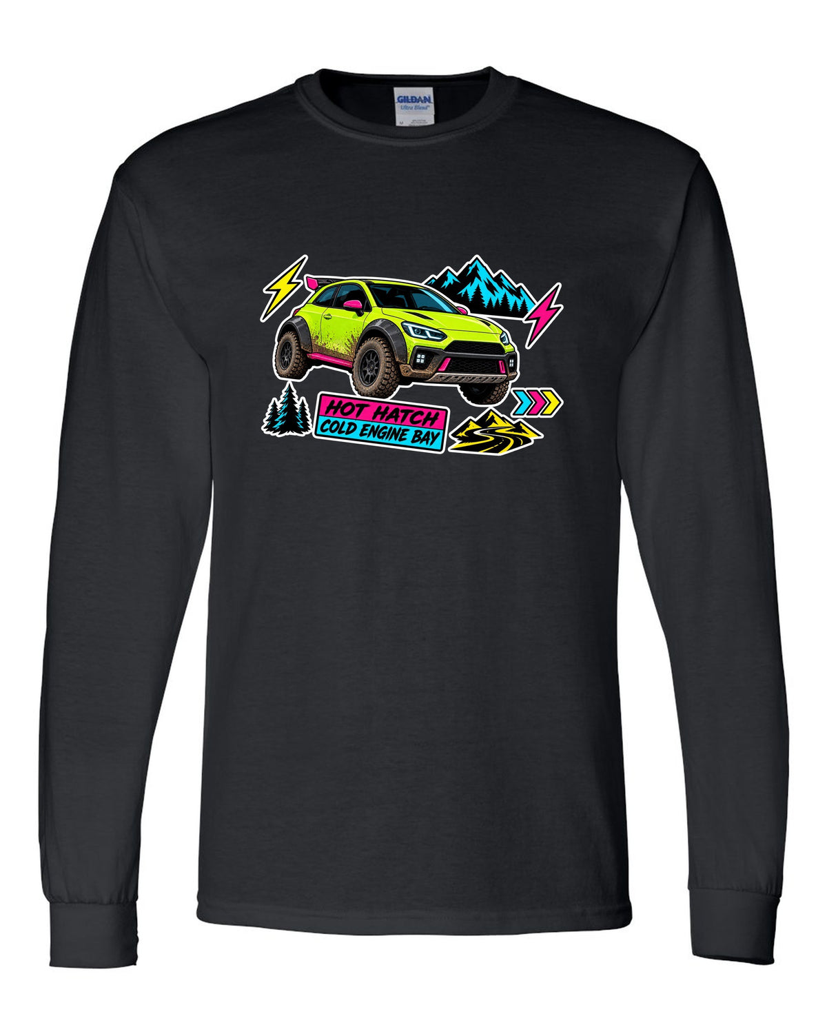 Rivian R3X die-cut slap sticker collage print with the text hot ch cold engine bay black long sleeve front view with the design