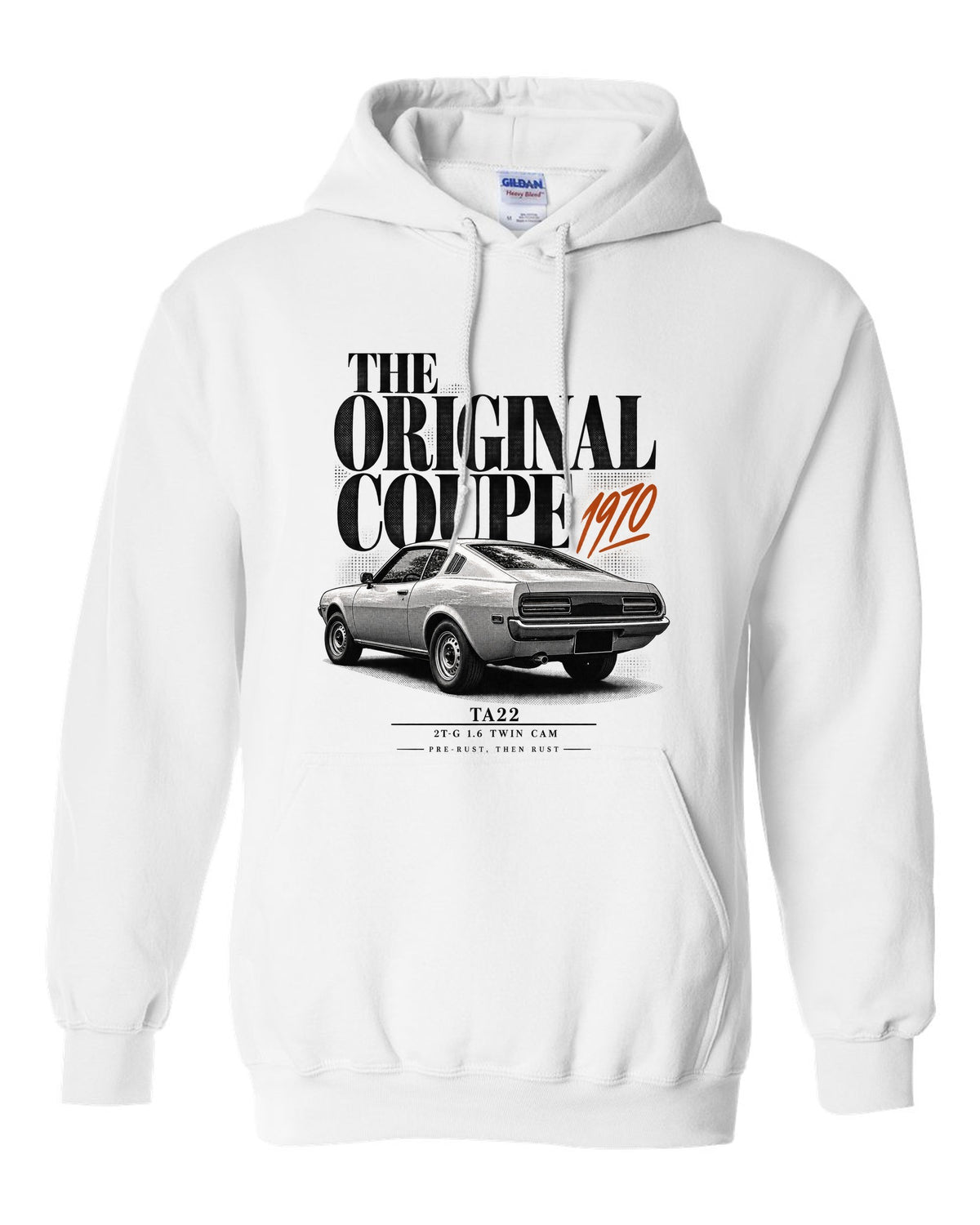 Editorial headline print of a Toyota Celica TA22 coupe with 2T-G 1.6 twin cam text white pull over hoodie front view with the design