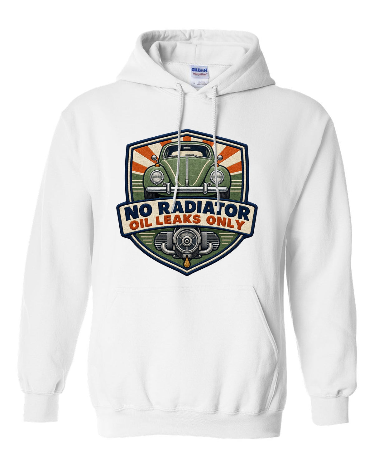 Shield crest for the VW Beetle Type 1 1303 reading no radiator, oil leaks only white pull over hoodie front view with the design