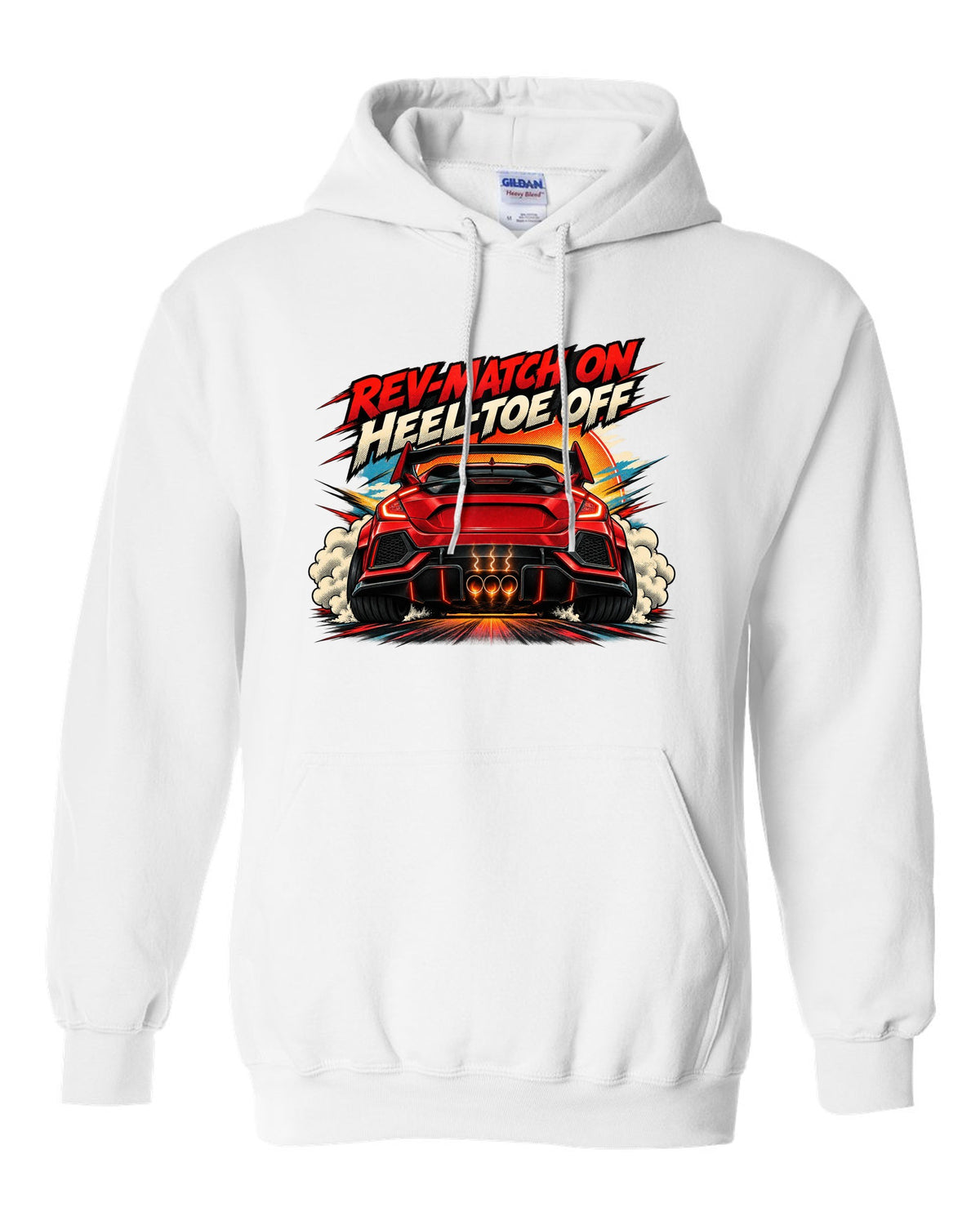 Halftone comic style Honda Civic Type R FK8 print with rev-match joke white pull over hoodie front view with the design