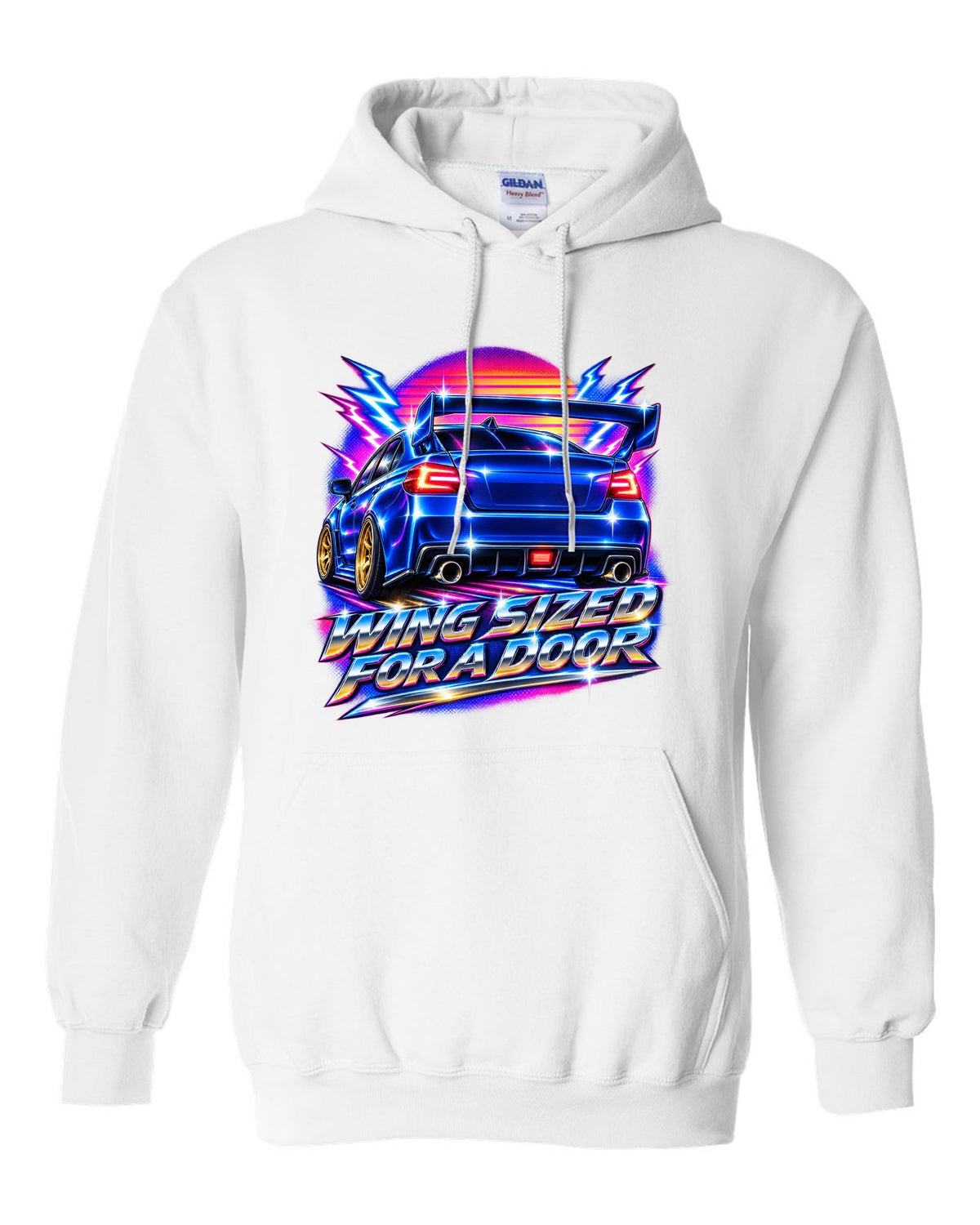 Subaru WRX STI VAB rear in 80s airbrush chrome, WING SIZED / FOR A DOOR white pull over hoodie front view with the design
