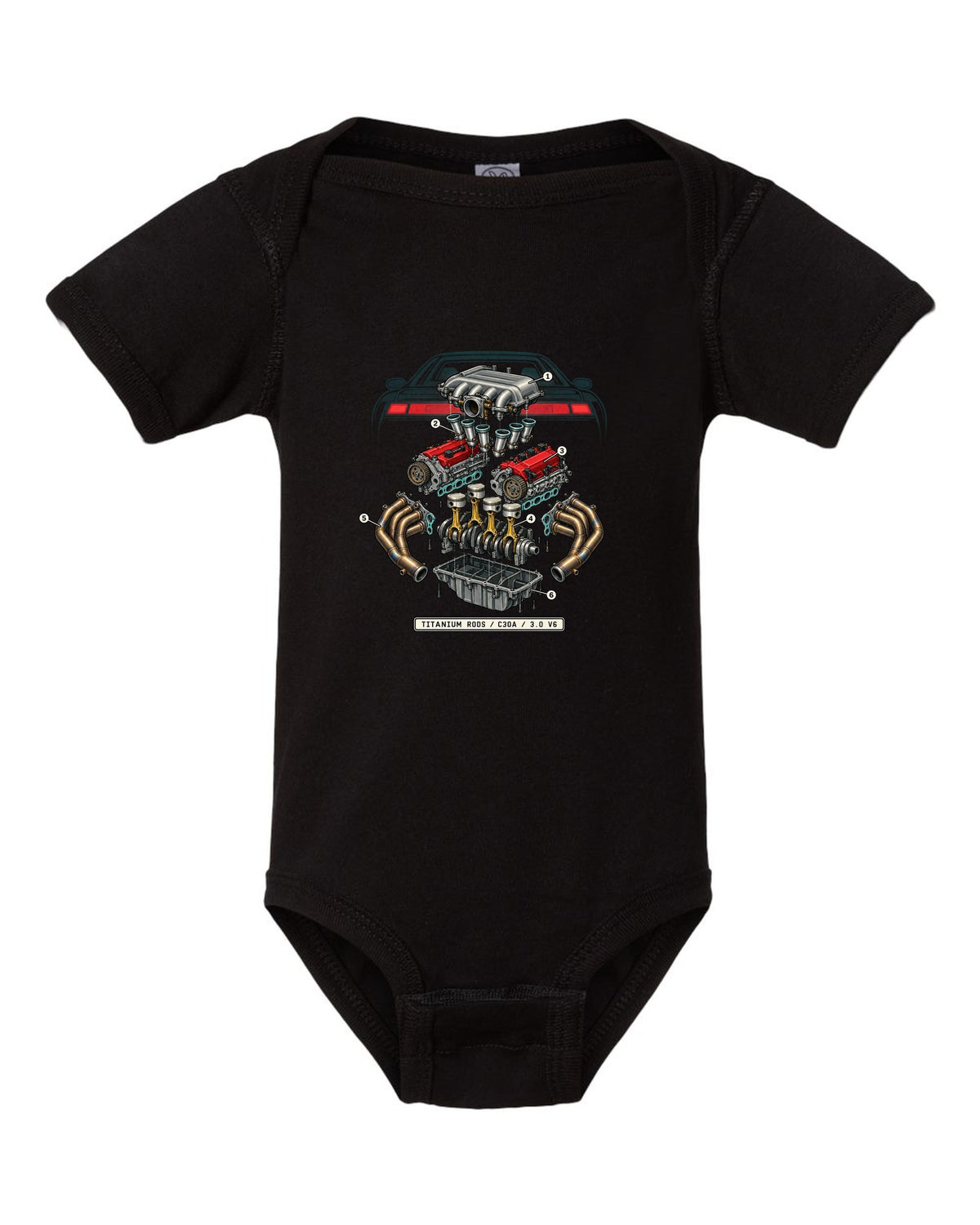 Isometric engine schematic print for the Honda NSX NA1 C30A with titanium rods text black baby onesie front view with the design