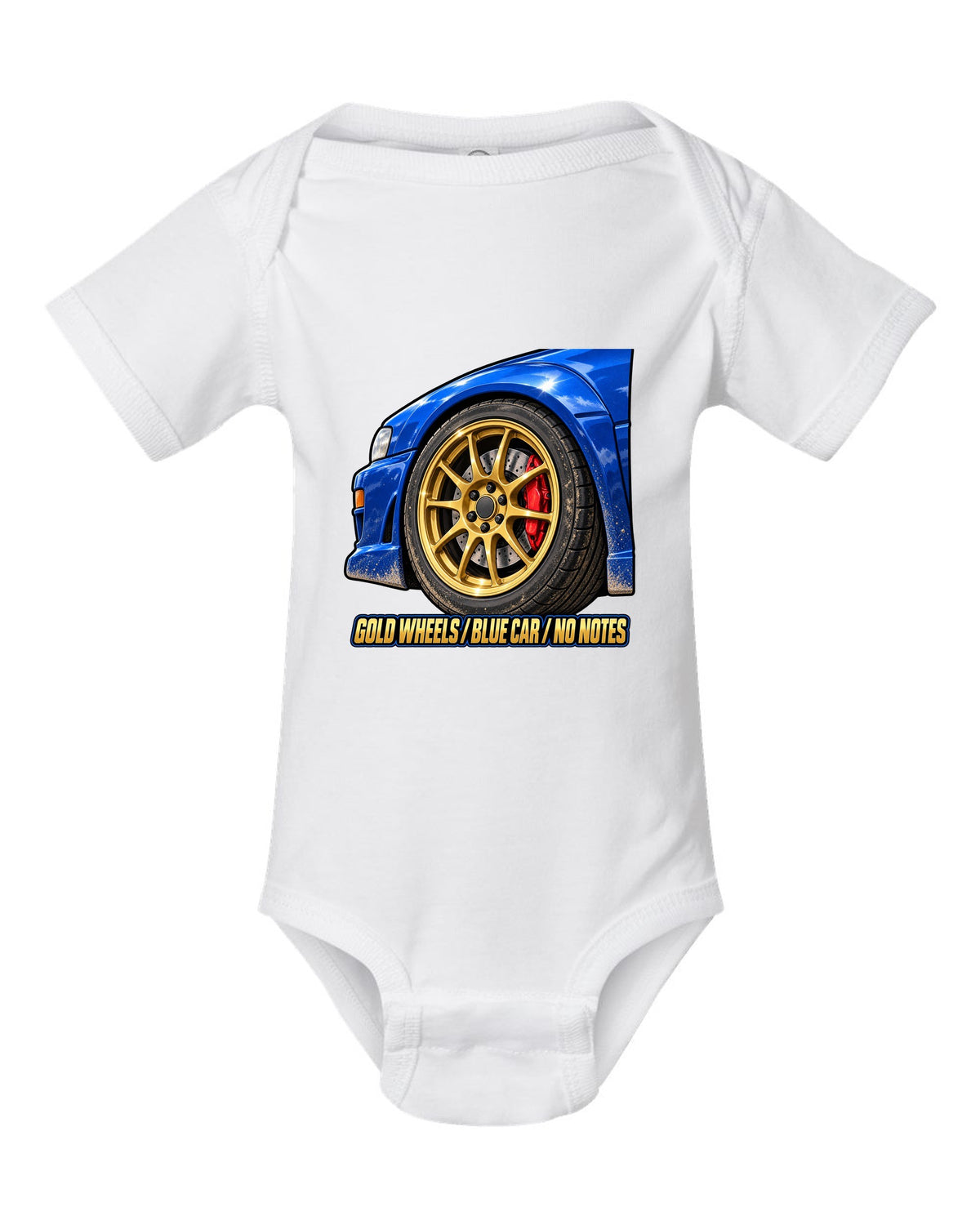 Subaru Impreza WRX GC8 painterly gold wheel close-up on a blue car, GOLD WHEELS / BLUE CAR / NO NOTES white baby onesie front view with the design