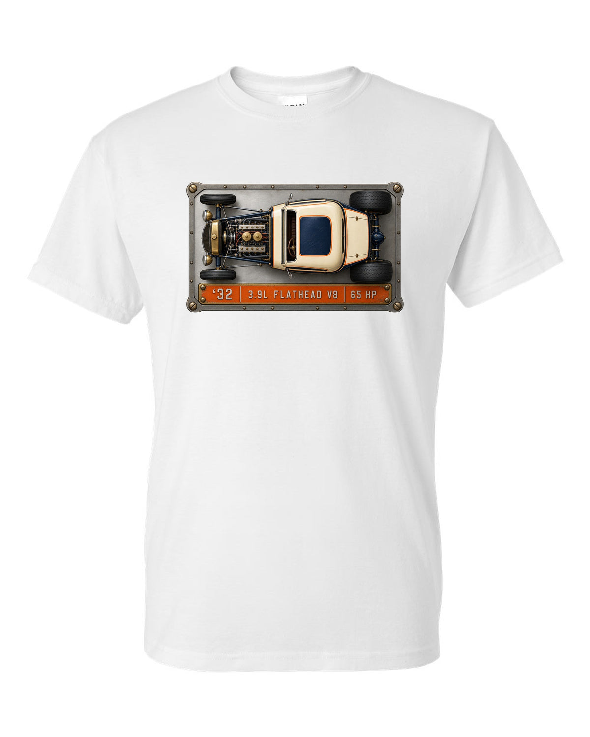 Spec sheet data plate print of a top-down 1932 Ford Deuce coupe with flathead V8 lettering white t-shirt front view with the design